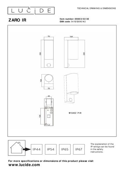 Lucide ZARO IR - Foco de pared / Lámpara de pared Dentro/Fuera - 2xGU10 - IP65 - Sensor movimiento & día/noche (desactivable) - Negro - técnico